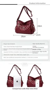 Detail of burgundy quilted crossbody bag showing 28cm width and logo craftsmanship