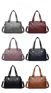 Detailed grid showing six stylish PU leather handbags in gray, wine red, purple, blue and black