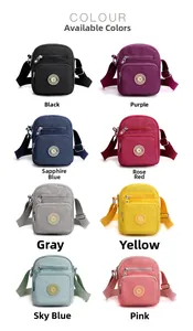Collection of nylon crossbody bags in eight vibrant colors with adjustable straps