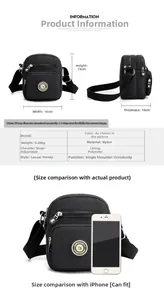 Detailed dimensions of black nylon crossbody bag with iPhone size comparison and parameters