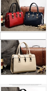 Détail de sacs à main en cuir à motif crocodile en rouge, bleu marine et beige