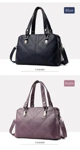 Detail of fashion handbags with V-shaped stitching in blue and purple textured leather