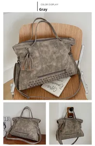 Retro grey tote bag with rivets and tassels shown in three different lifestyle scenarios