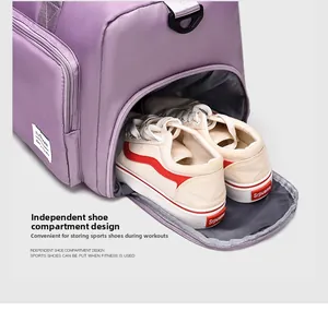 Detail of the purple travel bag showing a dedicated side compartment for shoes storage