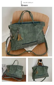 Macro shot of dark green retro tote bag featuring vintage tassels and metal rivet details