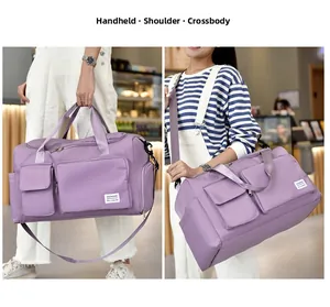 Detail of lavender waterproof travel bag showing versatile carrying modes and side pockets