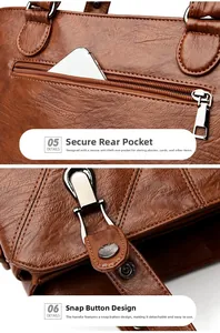 Detail of dark brown pebble leather bag with secure rear zipper pocket and snap-off handle