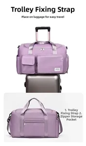 Macro shot of purple travel bag featuring luggage trolley strap and zipper pockets