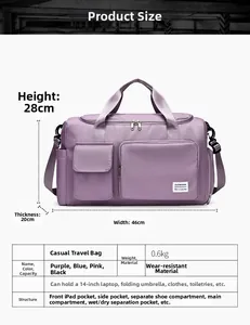 Detail view of large purple travel bag with dimensions 46x28x20cm and shoe compartment