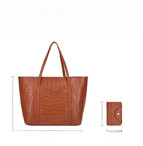 Dettaglio del set borsa tote e borsellino in ecopelle marrone scuro con stampa coccodrillo