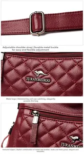 Detail view of quilted leather texture with metal logo and adjustable shoulder strap buckle