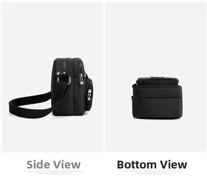 Detailed side and bottom views of black nylon crossbody bag with silver zippers