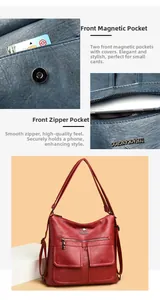 Detalle de bolso bandolera marrón rojizo con bolsillos magnéticos y espacio con cremallera