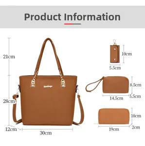 Brown litchi grain 4-piece handbag set including tote and wallet with product dimensions