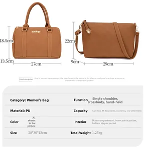Detailed size specifications for the brown PU leather tote and crossbody bag set