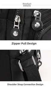 Detail of durable black nylon fabric, branded metal zipper pulls and strap buckles