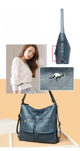 Detalle del bolso de cuero PU azul oscuro vintage con cremalleras metálicas y correas múltiples