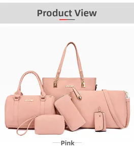 Pink 6-piece women handbag set including tote and shoulder bag with gold logo detail