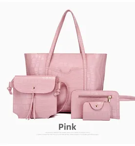 Set borse da donna 4 pezzi in similpelle coccodrillo rosa con borsa shopper e dettagli