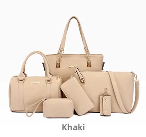 Detailed 6-piece khaki tote bag set featuring pebbled leather and gold hardware
