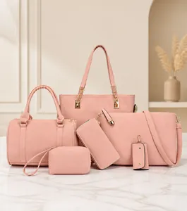 Detailed set of 6 pink litchi grain leather bags with tote and gold-tone hardware