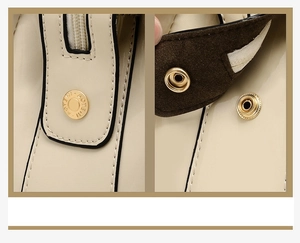 Détails du sac en cuir verni beige avec bouton pression doré et coutures précises