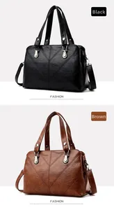 Detail of lychee pattern PU leather bag with V-stitching and silver metal buckle