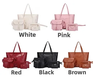Detail view of 4-piece crocodile pattern handbag set in five various stylish colors