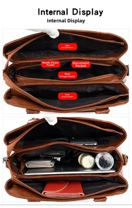 Detailed view of the multi-compartment interior for this large brown shoulder bag
