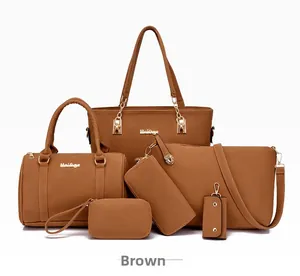 Brown six-piece PU leather handbag set with tote, crossbody, and wallet in detail view