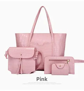 Detailed view of pink 4-piece set featuring crocodile pattern tote bag and crossbody pouch