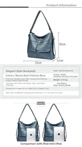Especificaciones de tamaño detalladas para bolso de hombro y mochila azul versátil