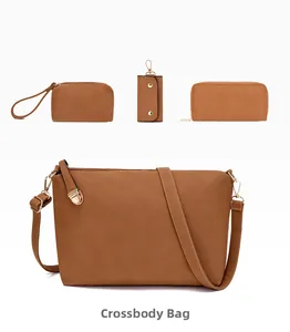 Detail view of 4-piece caramel brown leather bag set including crossbody and wallet