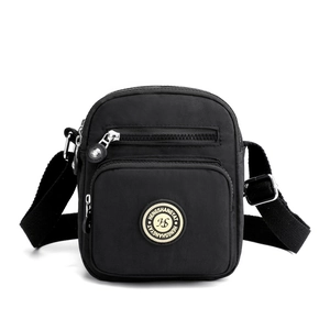 Classic black nylon crossbody bag with multi-zipper pockets and adjustable strap