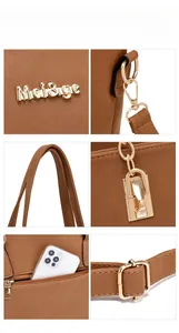 Detail of brown pebbled tote with gold logo and side zipper pocket for smartphone