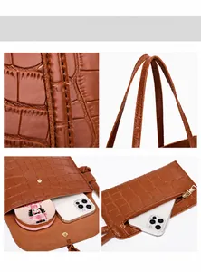 Detail view of brown crocodile texture bag with magnetic closure and inner pockets
