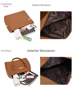 Detailed view of brown PU leather tote bag interior compartments and large capacity storage
