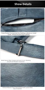 Detalle del bolso de cuero PU azul marino con textura de grano litchi y hebilla metal
