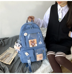 Détails du sac à dos scolaire en nylon bleu avec poches transparentes et accessoires