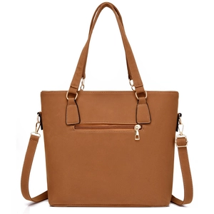 Minimalist brown large capacity tote bag with adjustable strap and back zip pocket