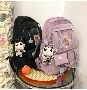 Détail du sac à dos en nylon imperméable avec fenêtre transparente et accessoires mignons