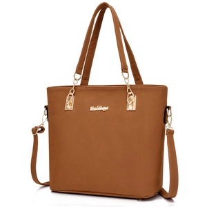 Brown vintage faux leather tote bag with gold logo and adjustable shoulder strap