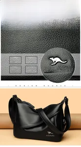 Close-up of black lychee grain leather handbag featuring waterproof texture and silver logo