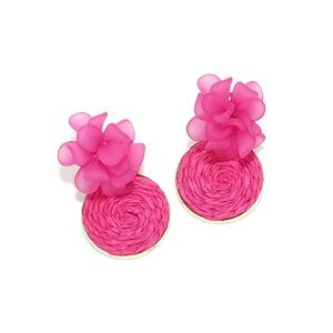 Detailed macro of pink resin flower earrings with woven raffle-textured round base
