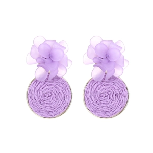Handmade raffia flower earrings with purple resin petals and gold circular woven pendants