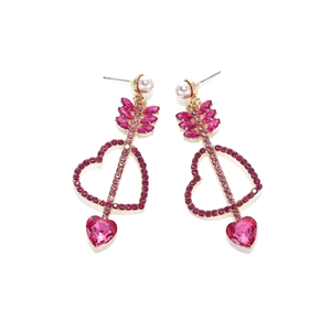 Boucles d'oreilles cœur et flèche avec cristaux roses et perle blanche dorées