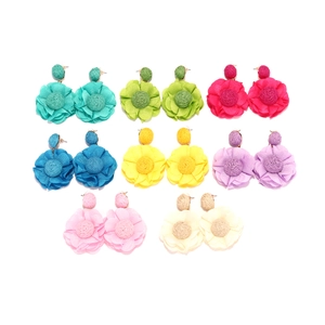 Set of 8 handmade raffia chiffon flower earrings in assorted vibrant summer colors