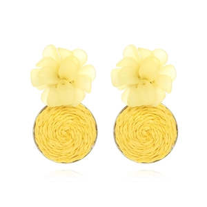 Handmade raffia flower earrings with yellow resin petals and woven circular design