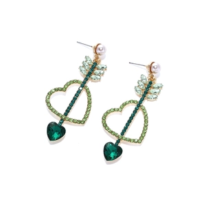 Boucles d'oreilles flèche cœur en cristal vert élégant avec strass et perle de luxe