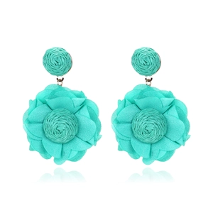 Teal chiffon flower earrings with raffia woven studs and multilayered fabric petals